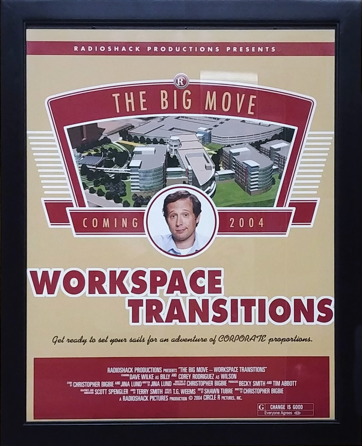 Radioshack poster promoting employee training video Workspace Transitions The Movie featuring David Wilk of the comedy troupe 4 Day Weekend
